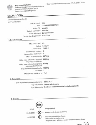 Dacia Lodgy cena 44999 przebieg: 93450, rok produkcji 2015 z Sulejówek małe 704